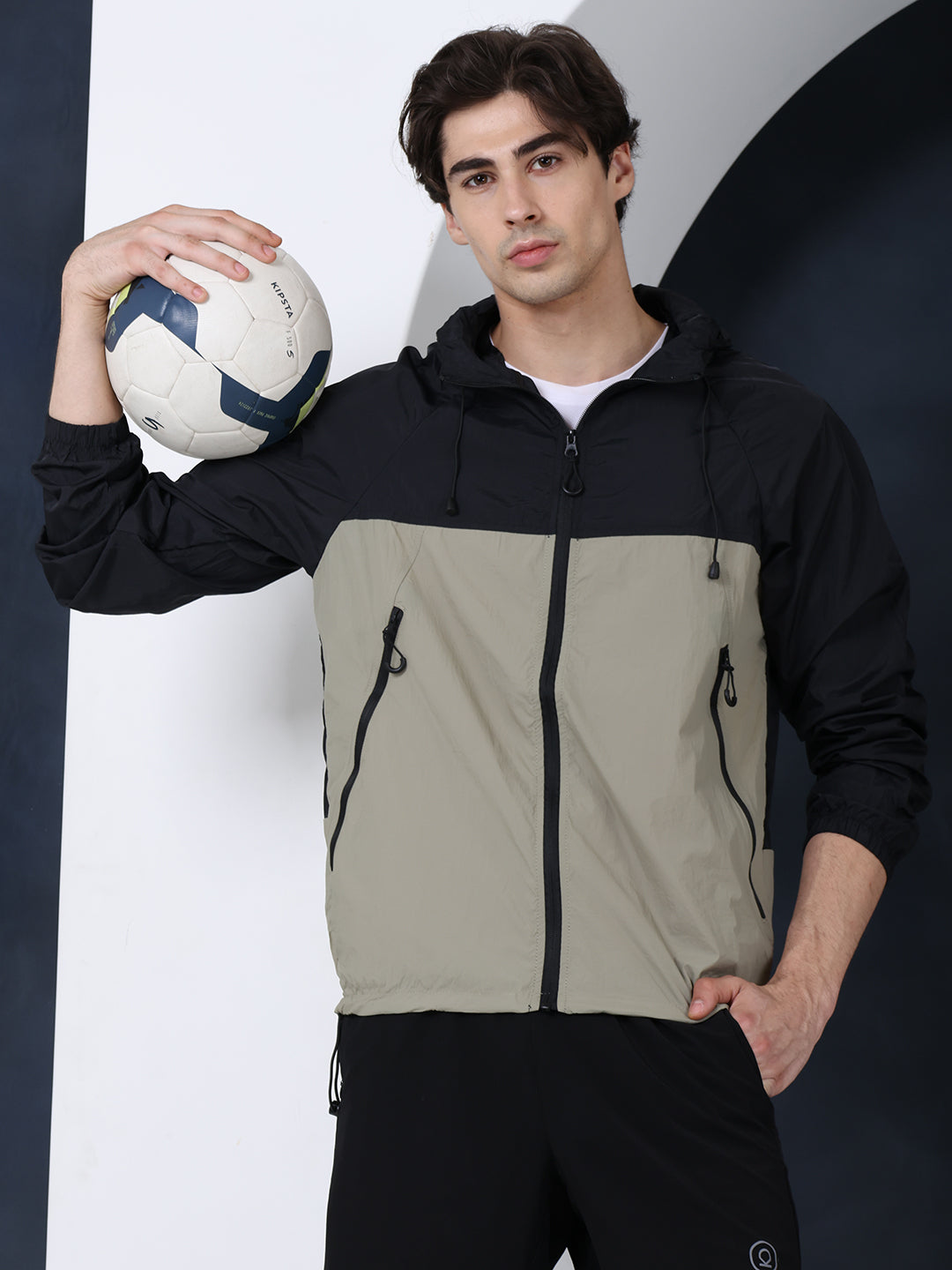 Men’s Black Green Lightweight Hooded Windcheater Jacket