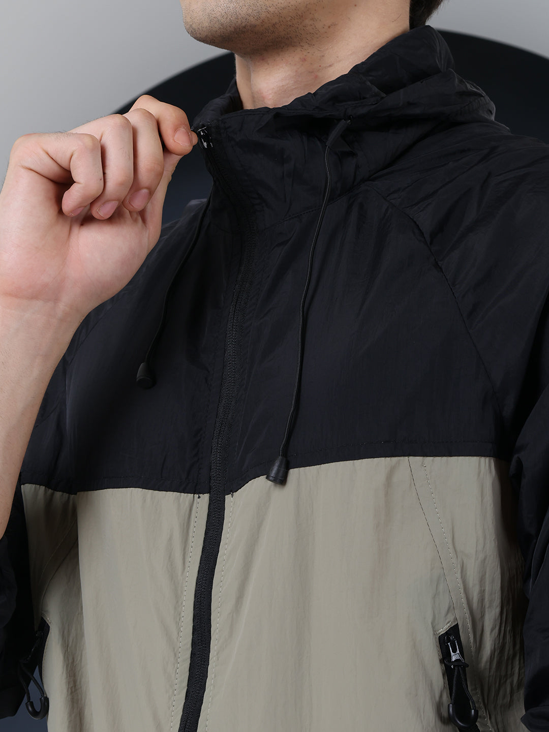 Men’s Black Green Lightweight Hooded Windcheater Jacket