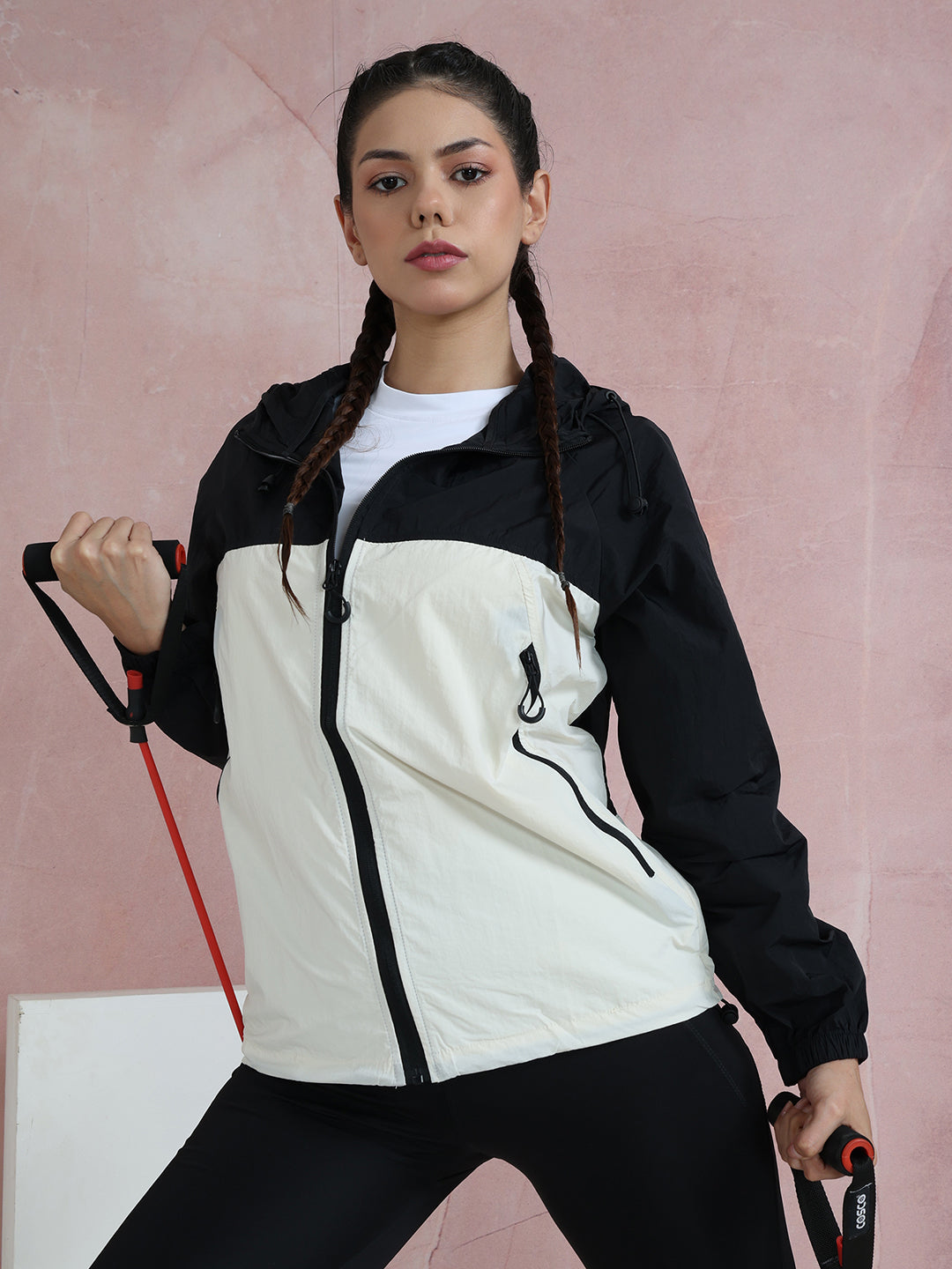 Women’s Black White Lightweight Hooded Windcheater Jacket