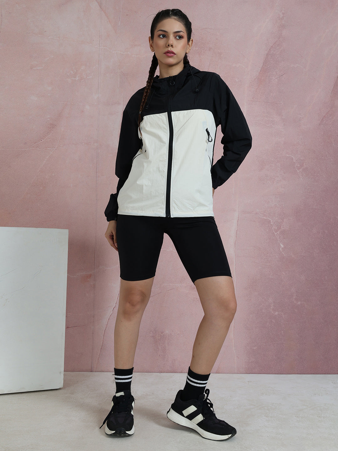 Women’s Black White Lightweight Hooded Windcheater Jacket
