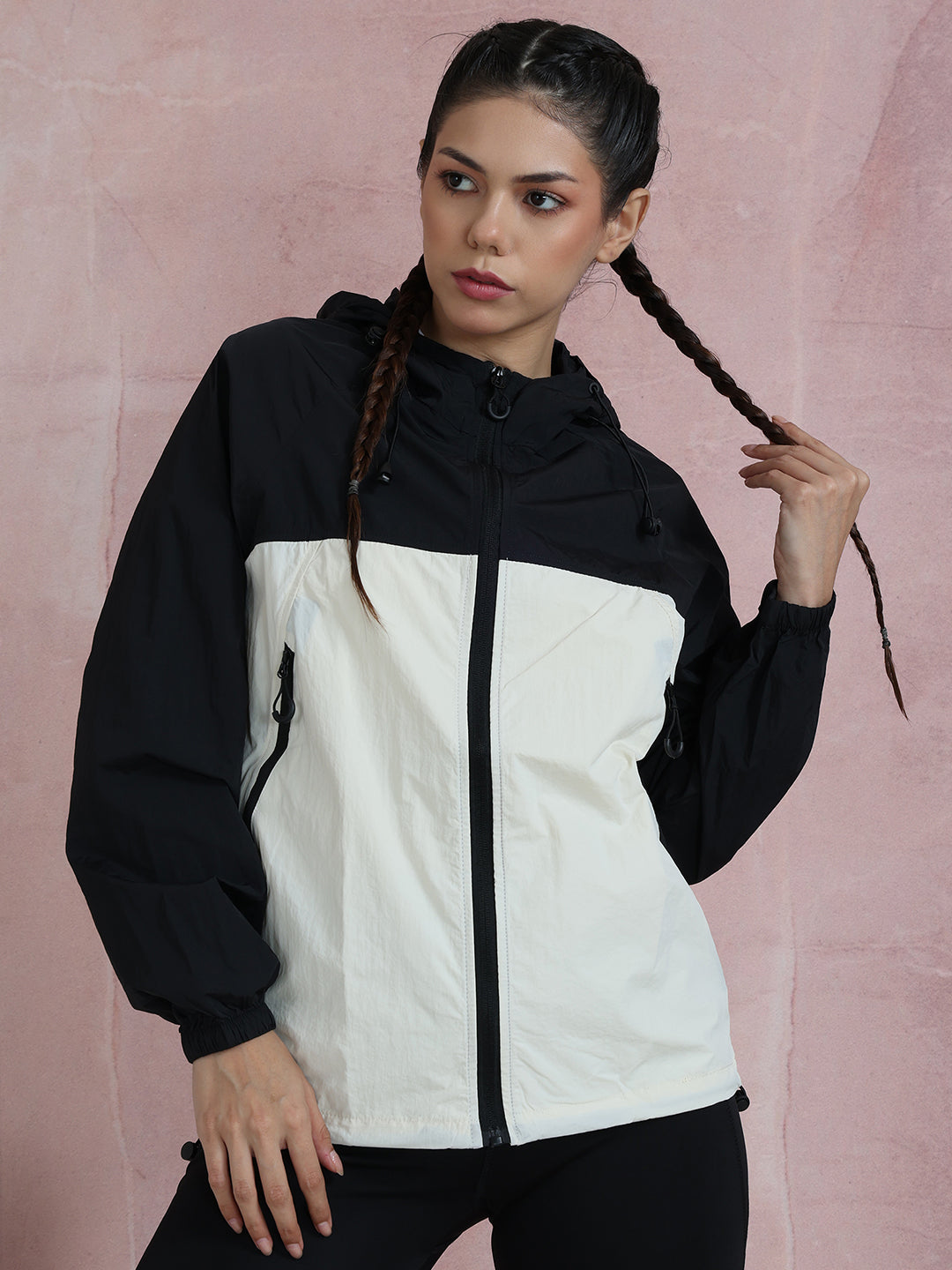 Women’s Black White Lightweight Hooded Windcheater Jacket