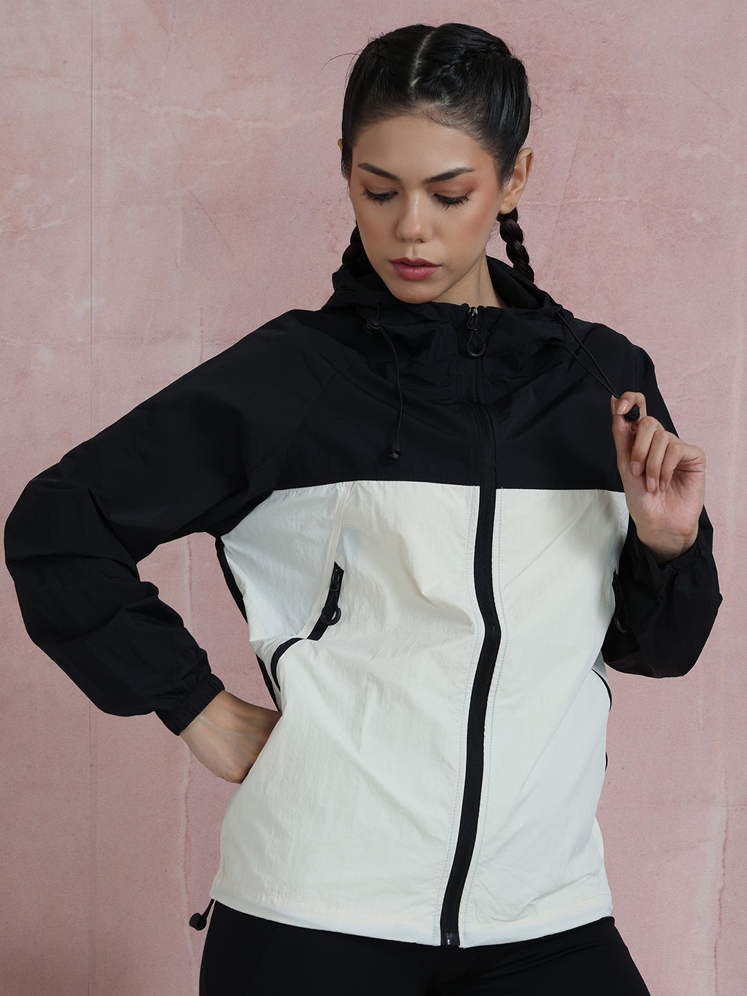 Women’s Black White Lightweight Hooded Windcheater Jacket
