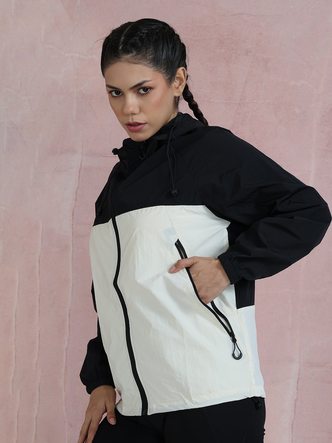 Women’s Black White Lightweight Hooded Windcheater Jacket