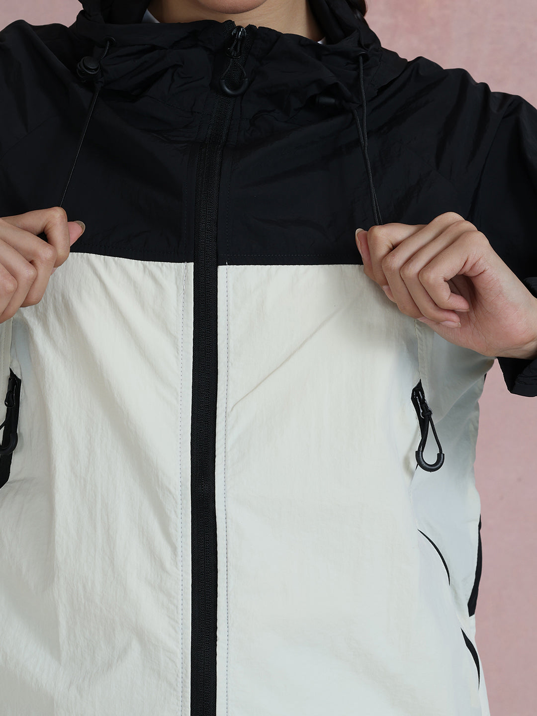 Women’s Black White Lightweight Hooded Windcheater Jacket