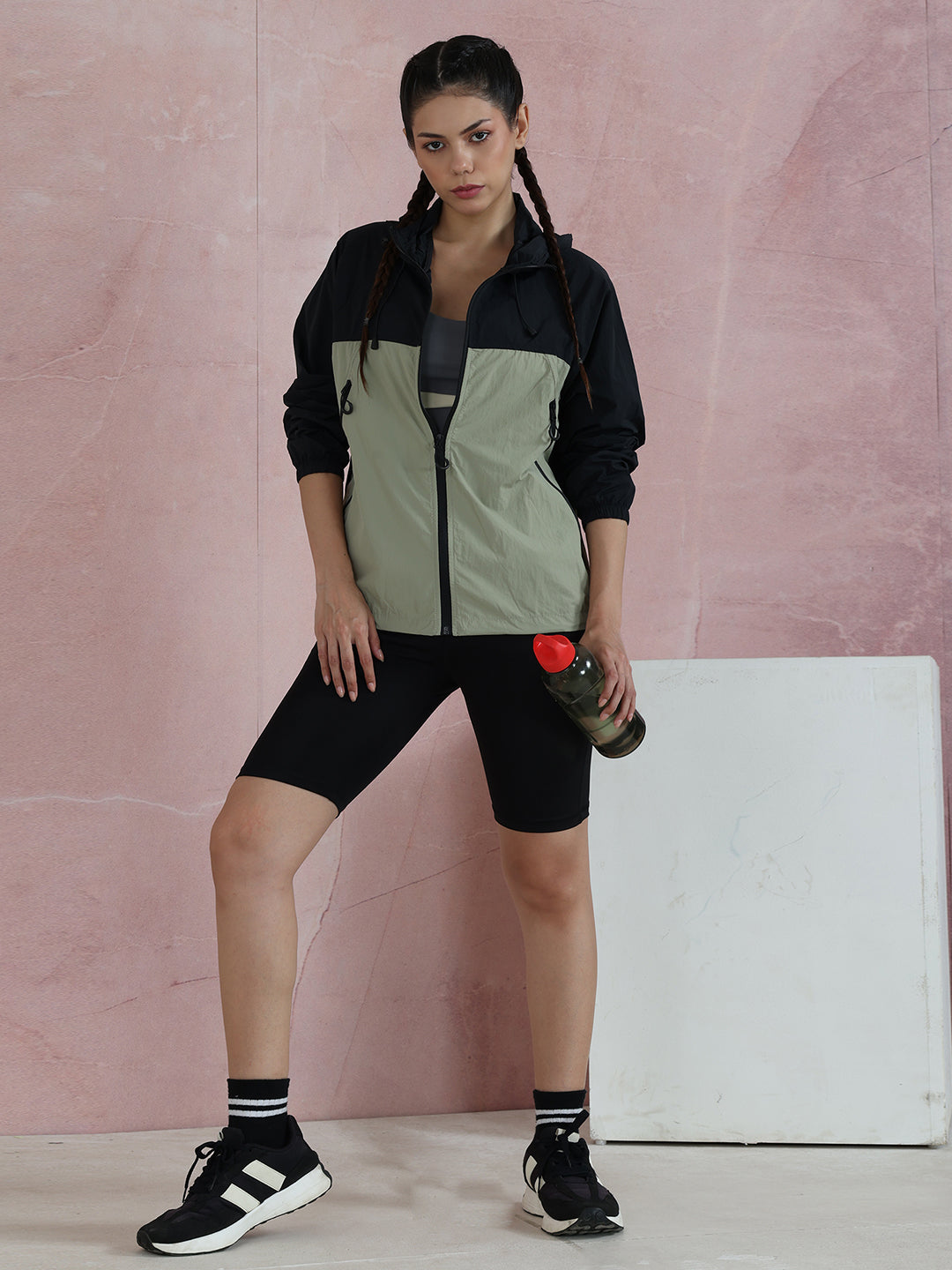 Women’s Black Green White Lightweight Hooded Windcheater Jacket