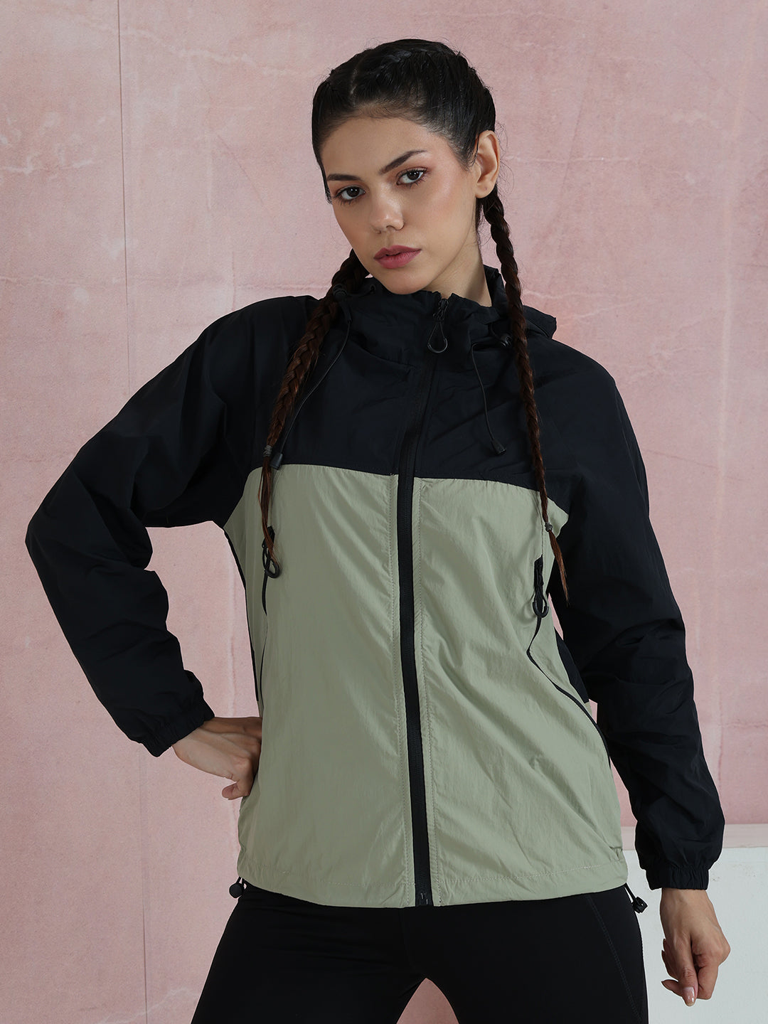 Women’s Black Green White Lightweight Hooded Windcheater Jacket
