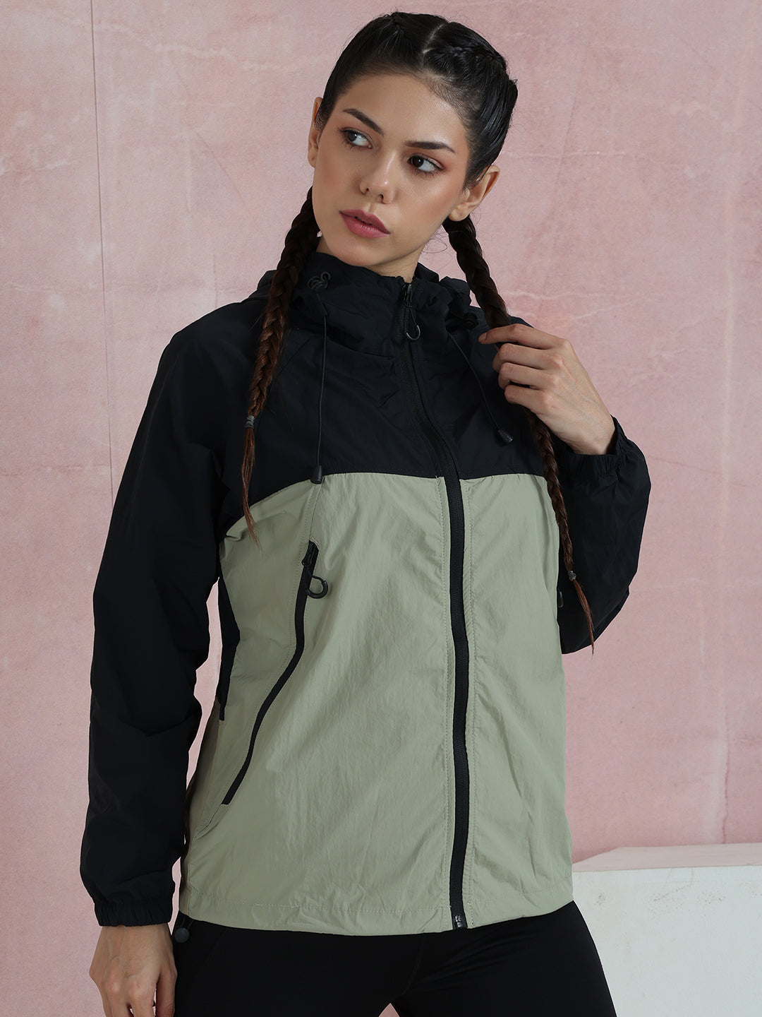 Women’s Black Green White Lightweight Hooded Windcheater Jacket