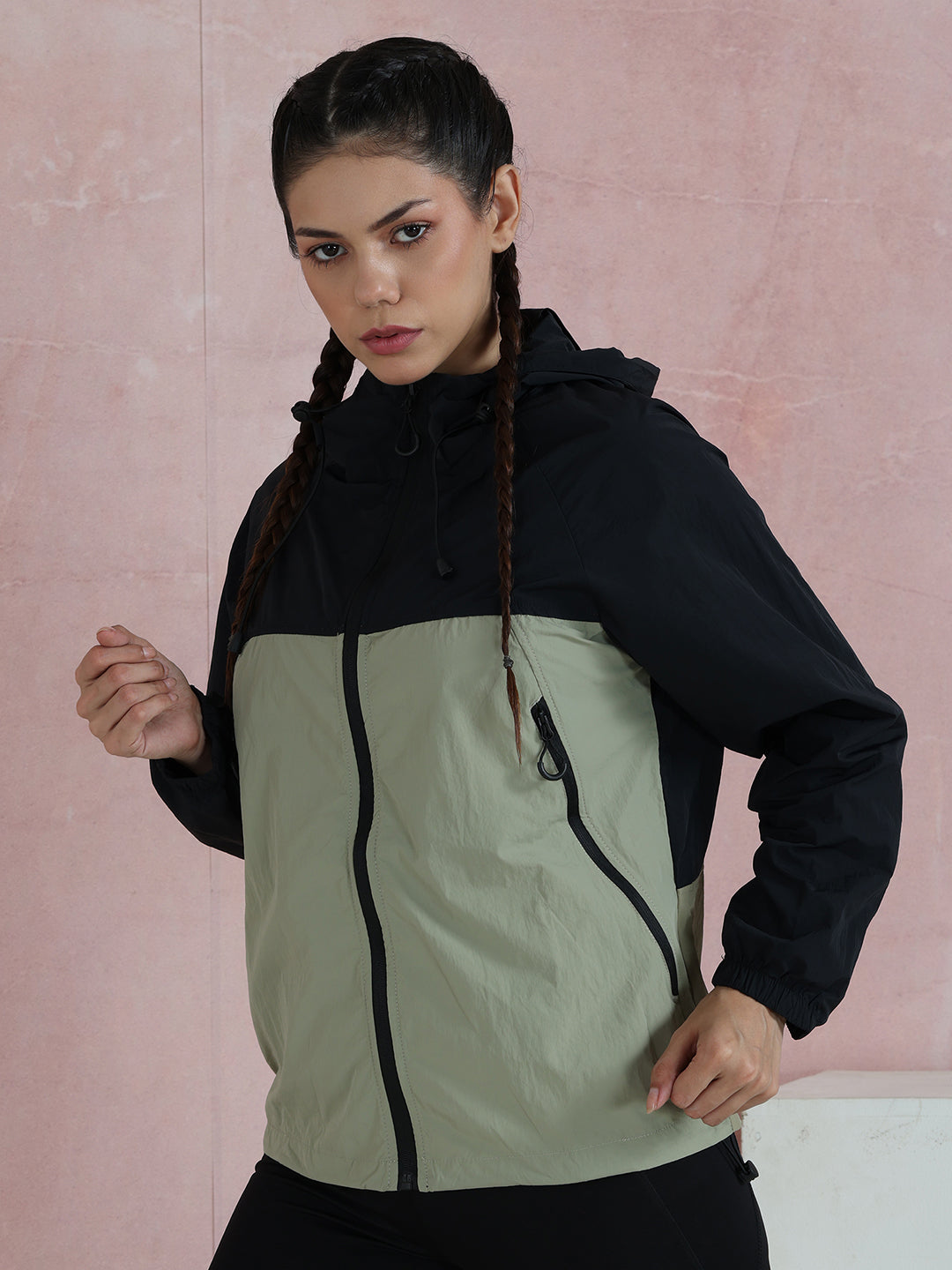 Women’s Black Green White Lightweight Hooded Windcheater Jacket