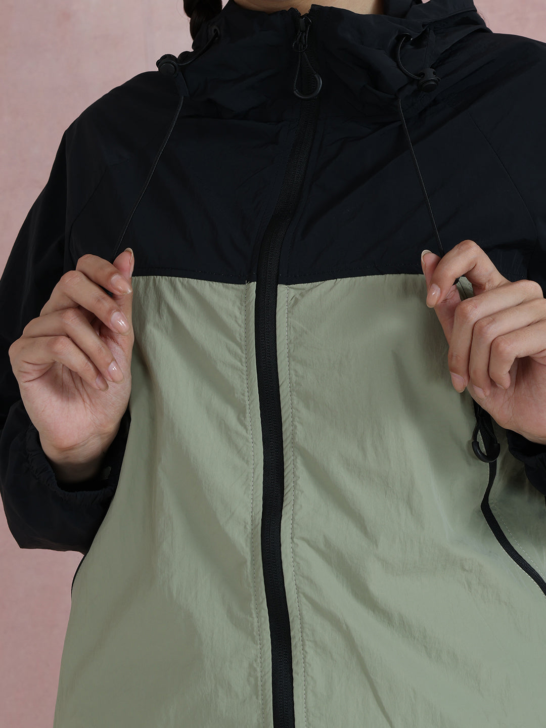 Women’s Black Green White Lightweight Hooded Windcheater Jacket
