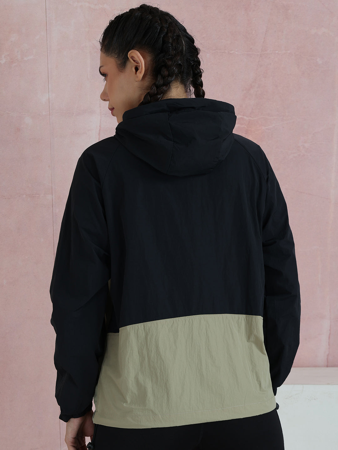 Women’s Black Green White Lightweight Hooded Windcheater Jacket