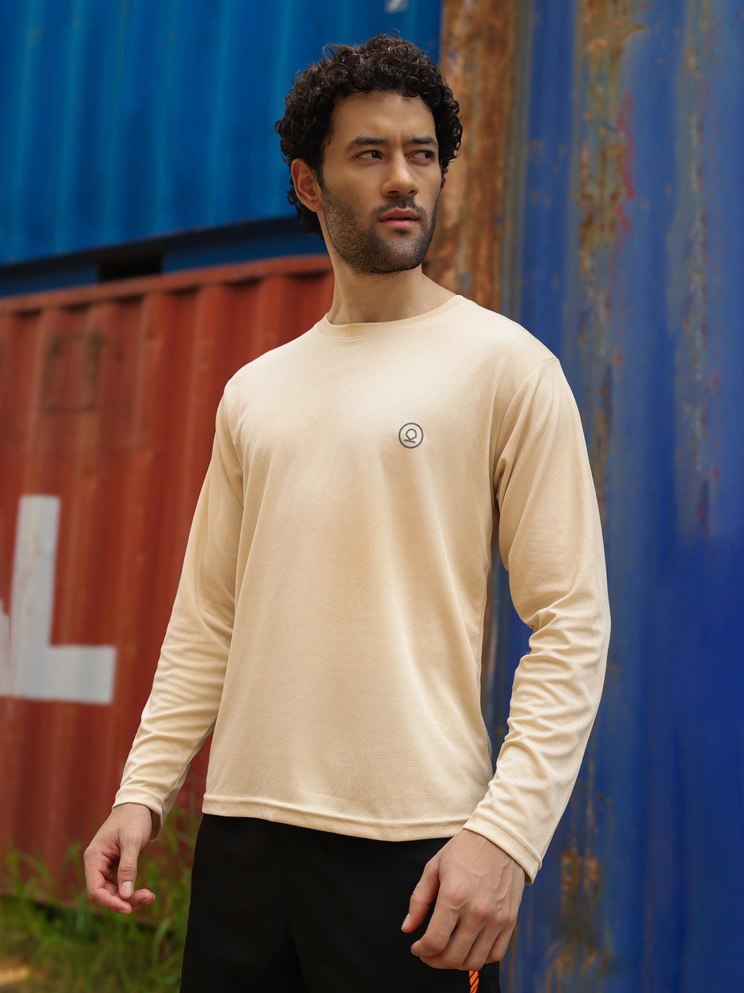 Men's Regular Dry Fit Full Sleeve Gym T-Shirt Beige