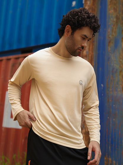 Men's Regular Dry Fit Full Sleeve Gym T-Shirt Beige