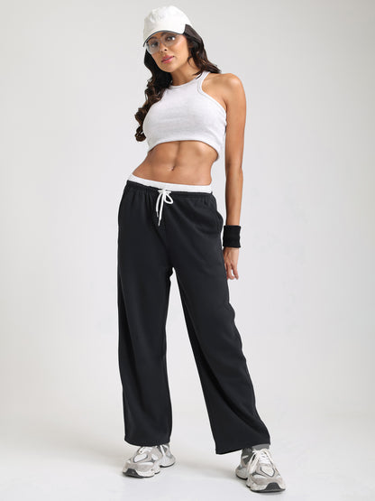 Women Relaxed Fit Wide Leg Trackpants Black