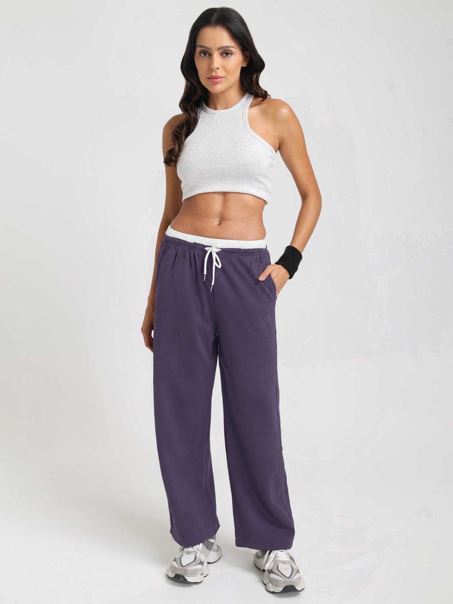 Women Relaxed Fit Wide Leg Trackpants Purple