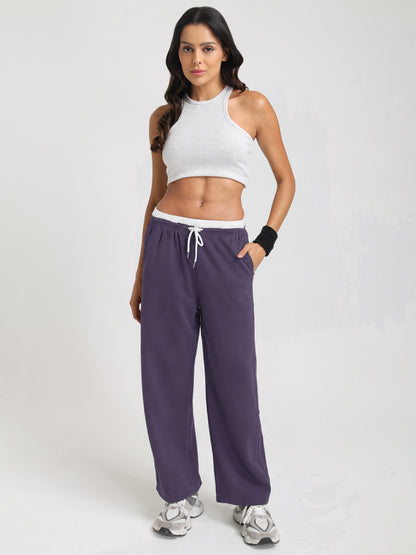 Women Relaxed Fit Wide Leg Trackpants Purple