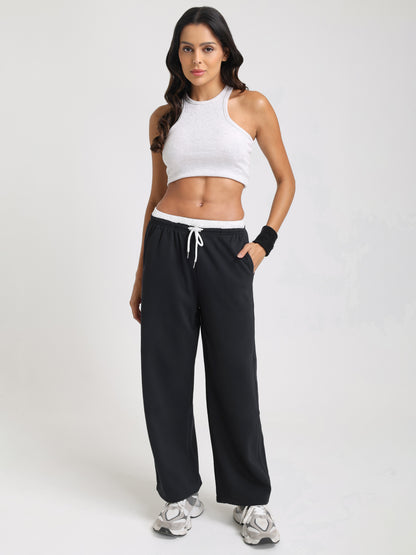 Women Relaxed Fit Wide Leg Trackpants Black
