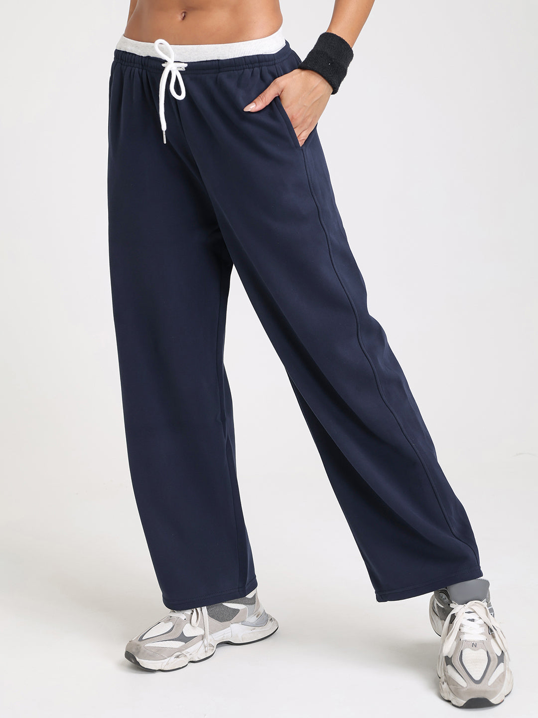 Women Relaxed Fit Wide Leg Trackpants Navy