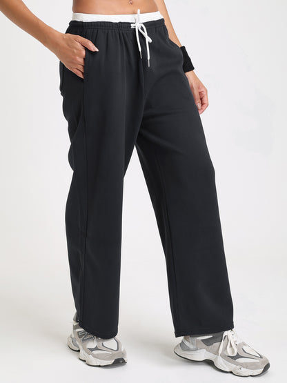 Women Relaxed Fit Wide Leg Trackpants Black