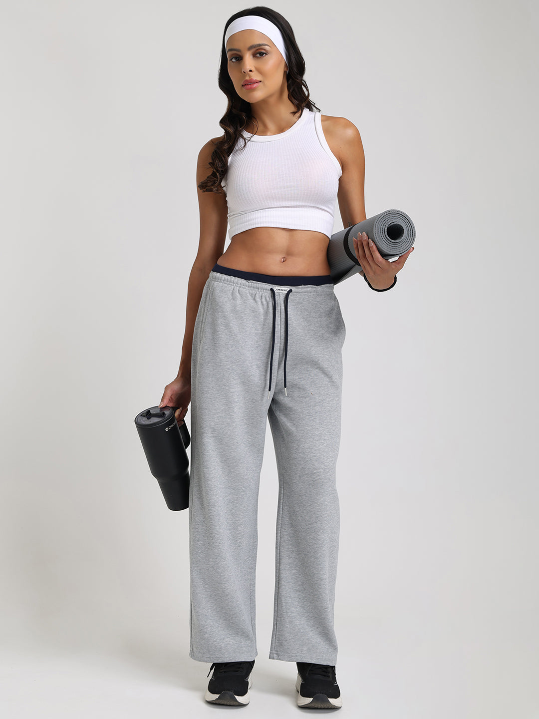 Women Relaxed Fit Wide Leg Trackpants Grey