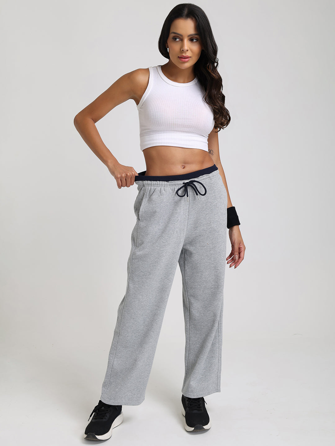 Women Relaxed Fit Wide Leg Trackpants Grey