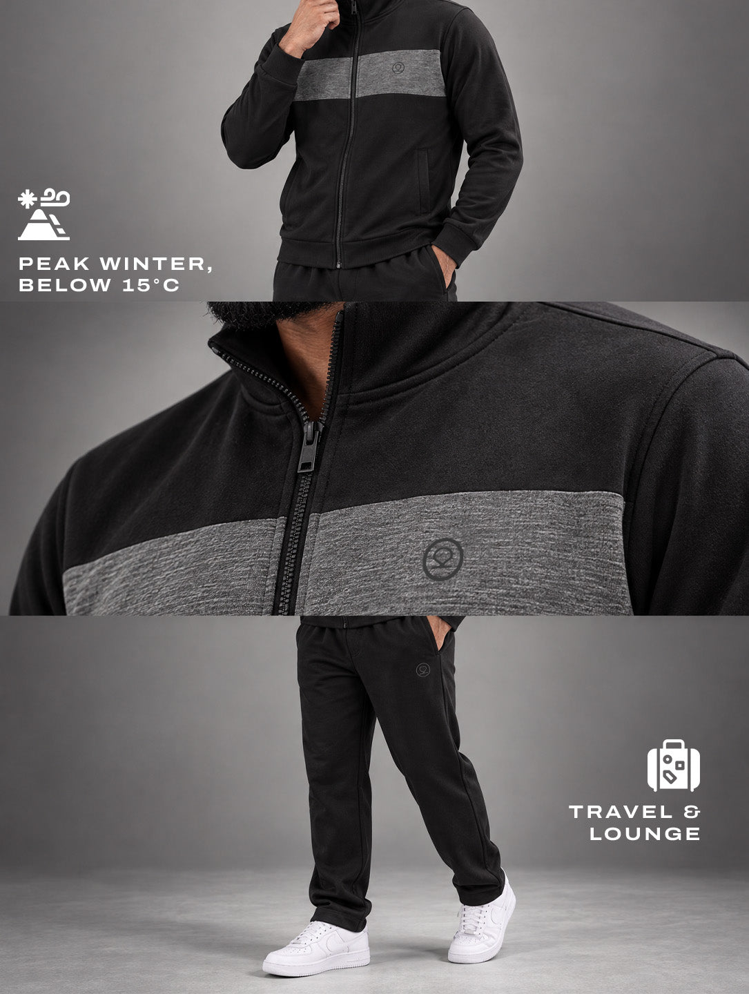 Black Grey Heavy Fleece Winter Tracksuit Men
