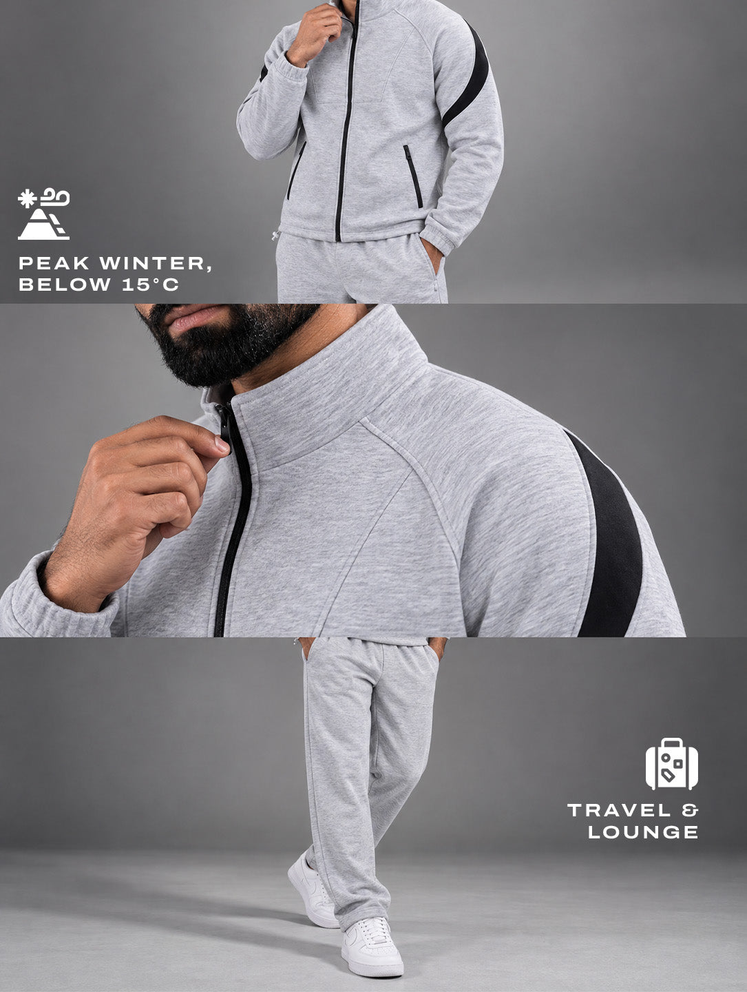 Grey Black Heavy Fleece Winter Tracksuit Men