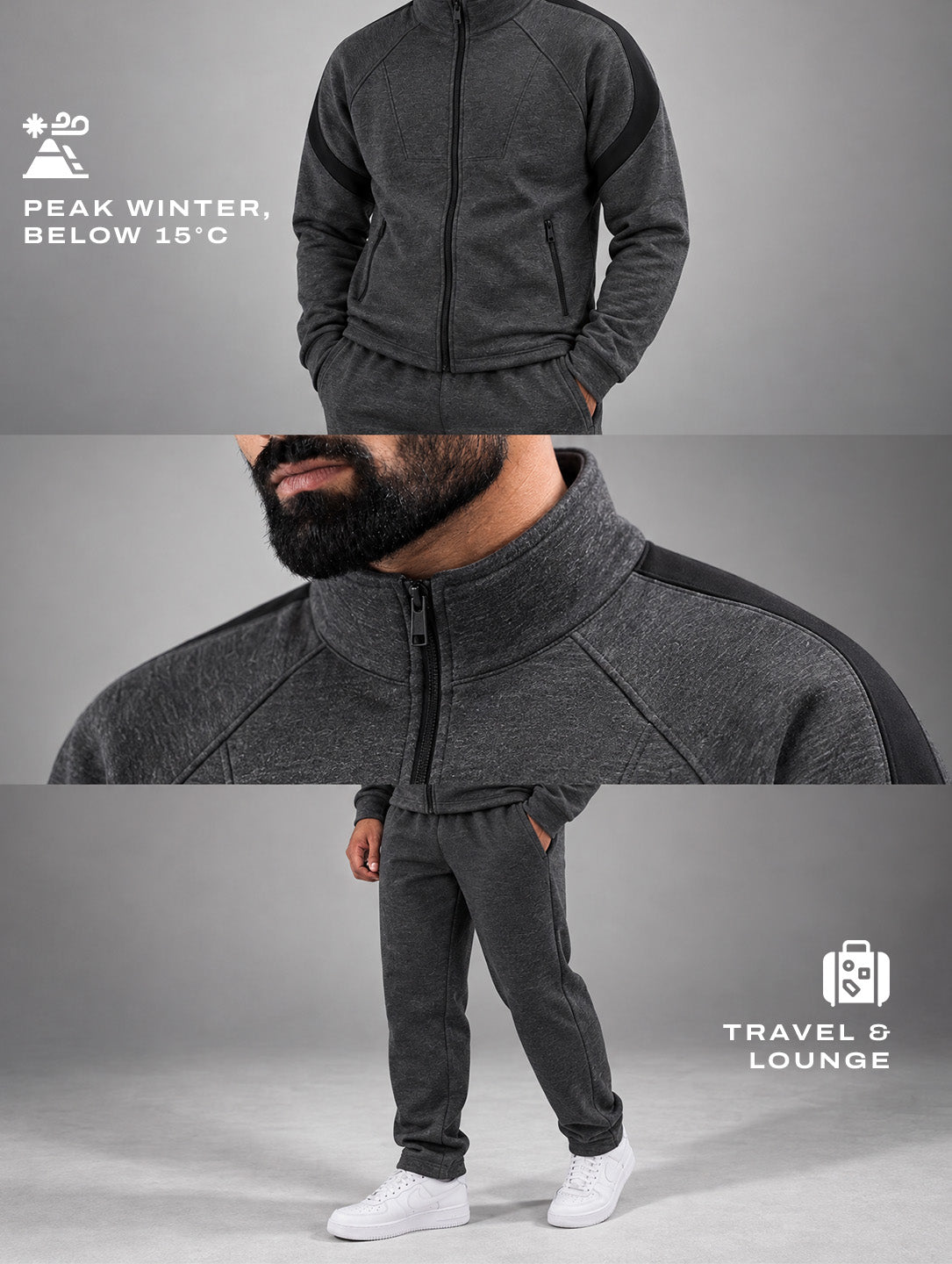 Anthra Black Heavy Fleece Winter Tracksuit Men