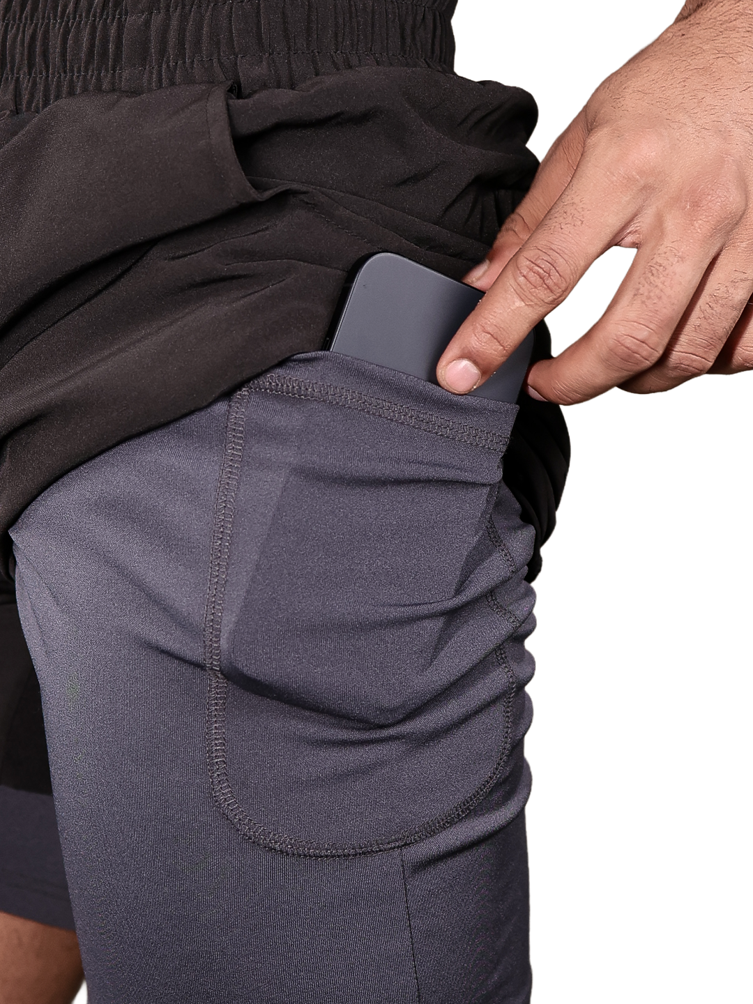 Men Running Sports Double Layered Shorts With Pocket Black Grey