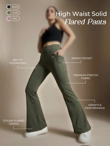 Women's High Waist Solid Flared Pants Olive