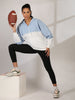 Women Colourblocked Hooded Windcheater Oversized Sports Jacket Sky White
