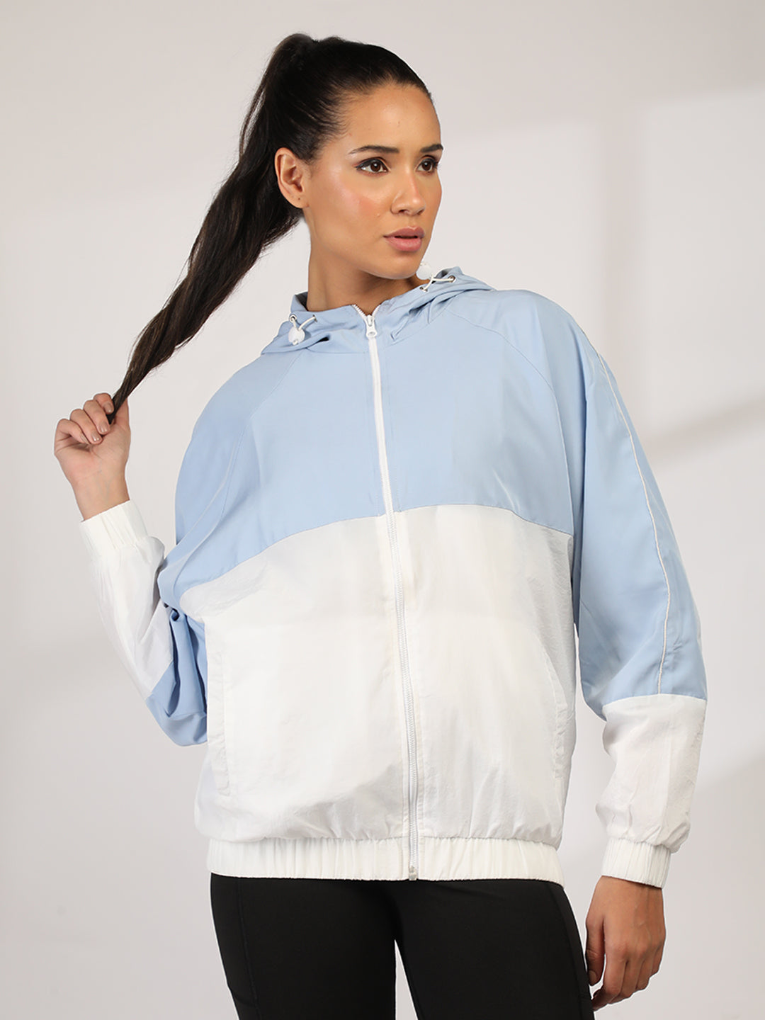 Women Colourblocked Hooded Windcheater Oversized Sports Jacket Sky White