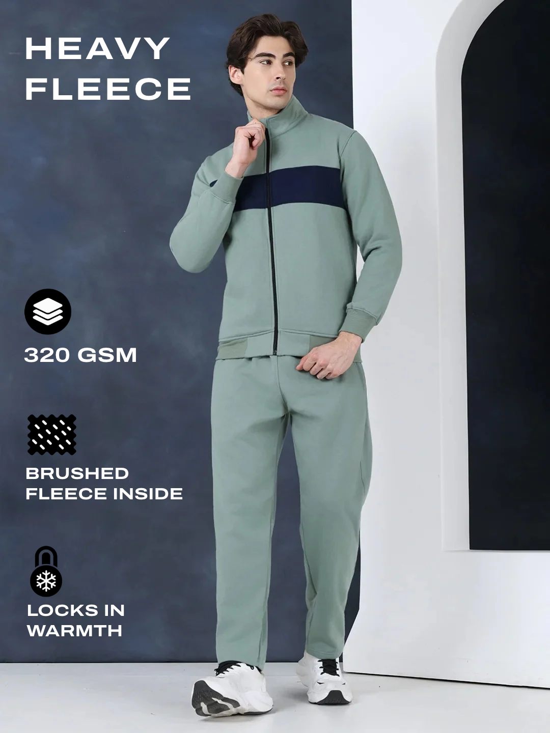 Green Black Heavy Fleece Winter Tracksuit Men