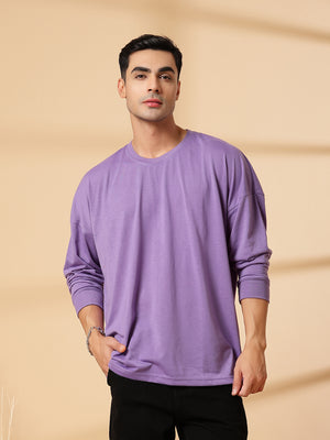 Men Purple Oversized Full Sleeve Round Neck Tshirt