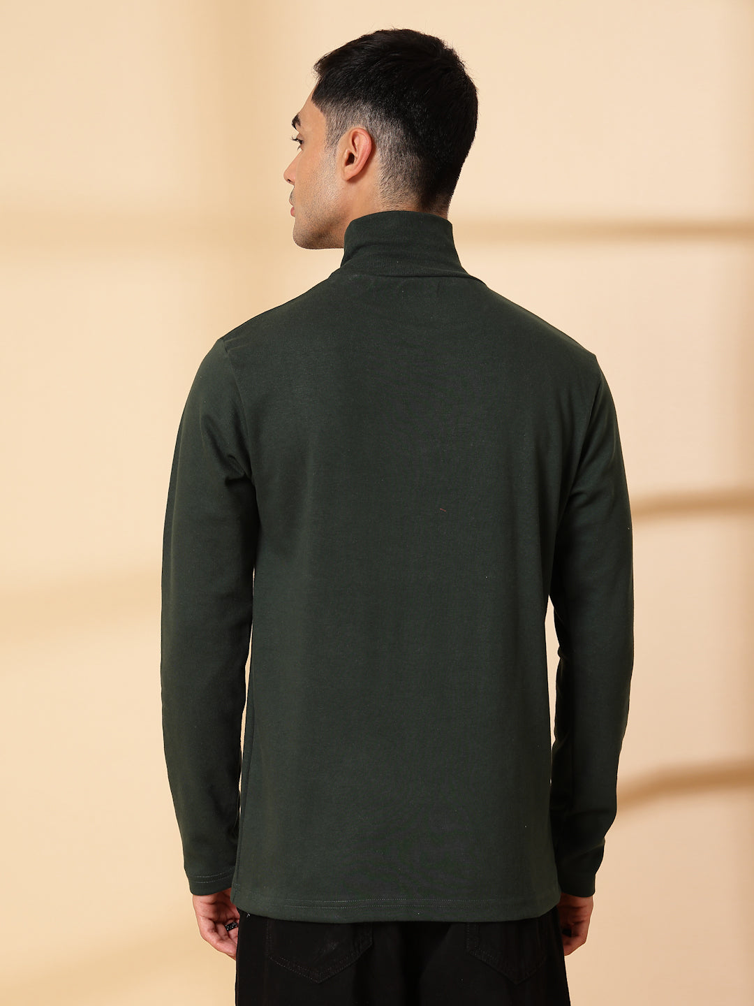Men Bottle Green Winter Wear Regular Fit High Neck T Shirt | CHKOKKO
