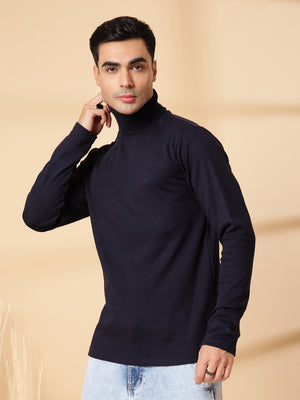 Men Navy Blue Winter Wear Regular Fit Turtle Neck T Shirt | CHKOKKO