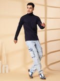 Men Navy Blue Winter Wear Regular Fit Turtle Neck T Shirt | CHKOKKO