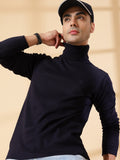 Men Navy Blue Winter Wear Regular Fit Turtle Neck T Shirt | CHKOKKO