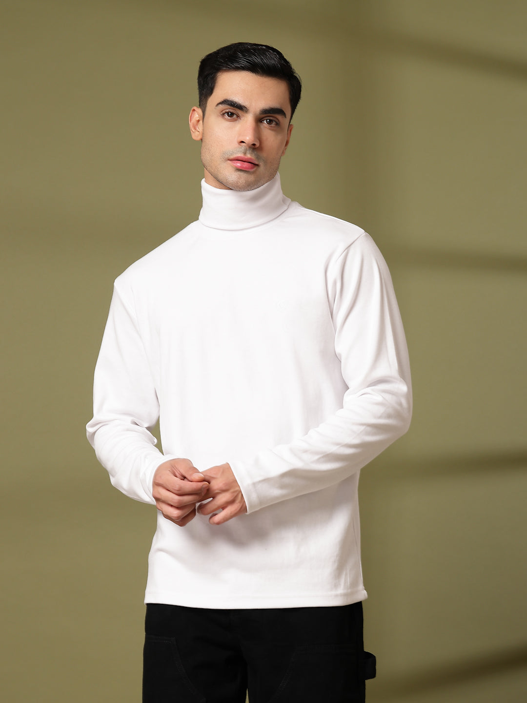 Men White Winter Wear Regular Fit Turtle Neck T Shirt | CHKOKKO