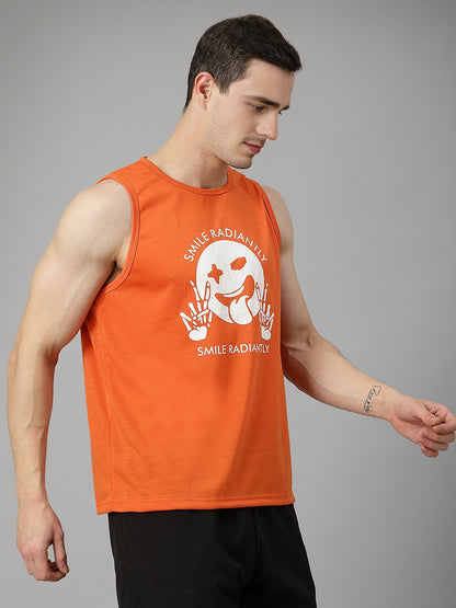 Men Orange Printed Gym Tank Tops Sports Sleeveless Vest