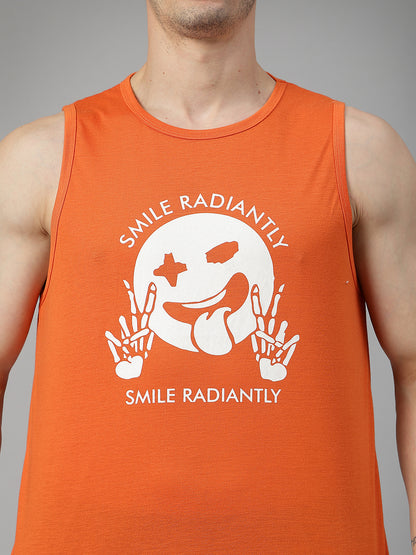 Men Orange Printed Gym Tank Tops Sports Sleeveless Vest