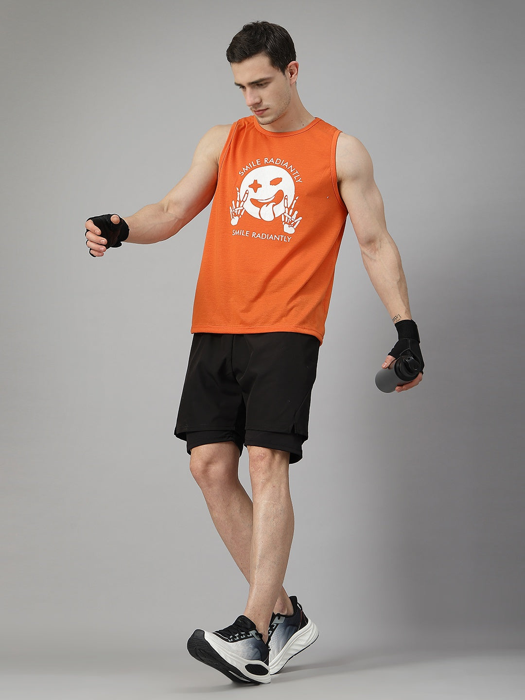 Men Orange Printed Gym Tank Tops Sports Sleeveless Vest