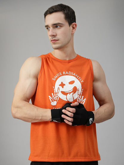 Men Orange Printed Gym Tank Tops Sports Sleeveless Vest