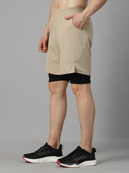 Men Running Sports Double Layered Shorts With Pocket Beige