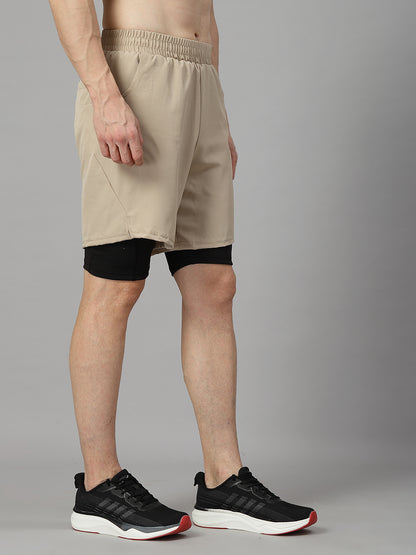 Men Running Sports Double Layered Shorts With Pocket Beige