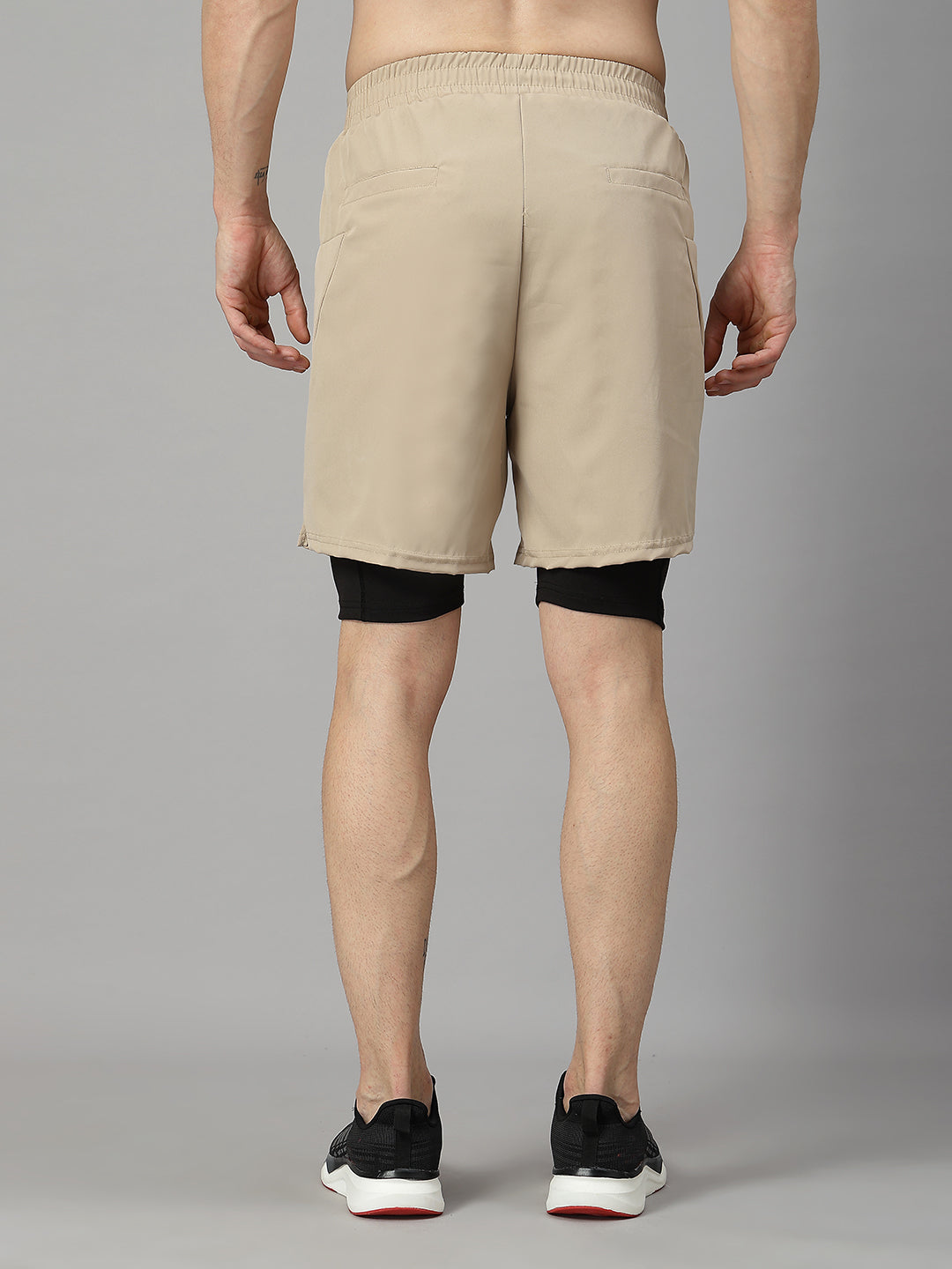 Men Running Sports Double Layered Shorts With Pocket Beige