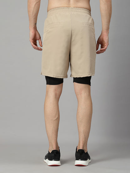 Men Running Sports Double Layered Shorts With Pocket Beige