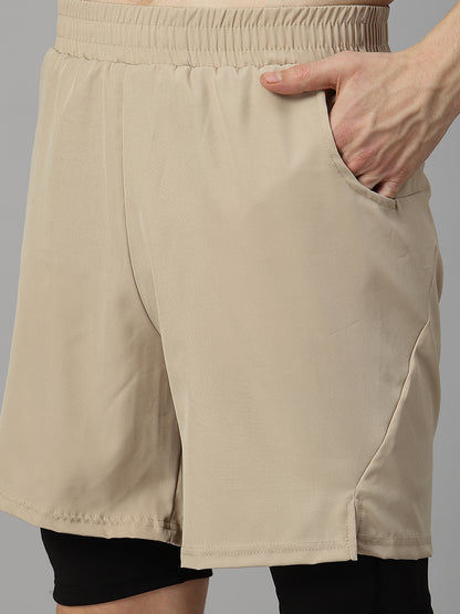 Men Running Sports Double Layered Shorts With Pocket Beige