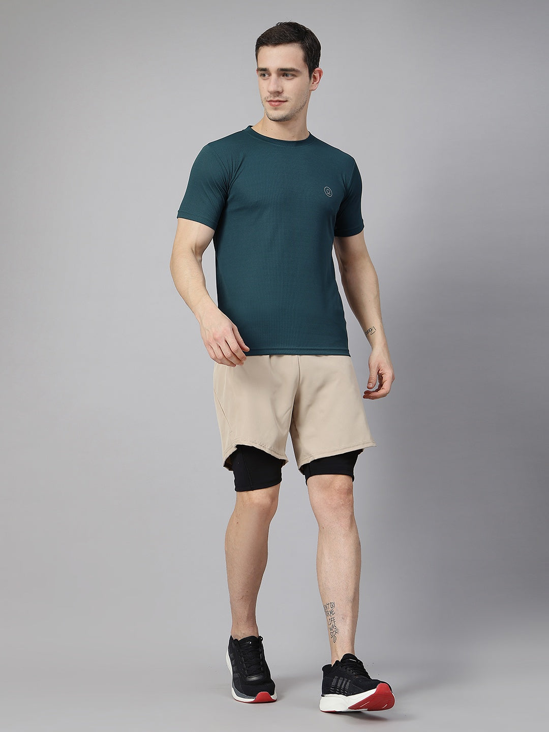 Men Running Sports Double Layered Shorts With Pocket Beige