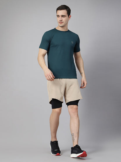 Men Running Sports Double Layered Shorts With Pocket Beige