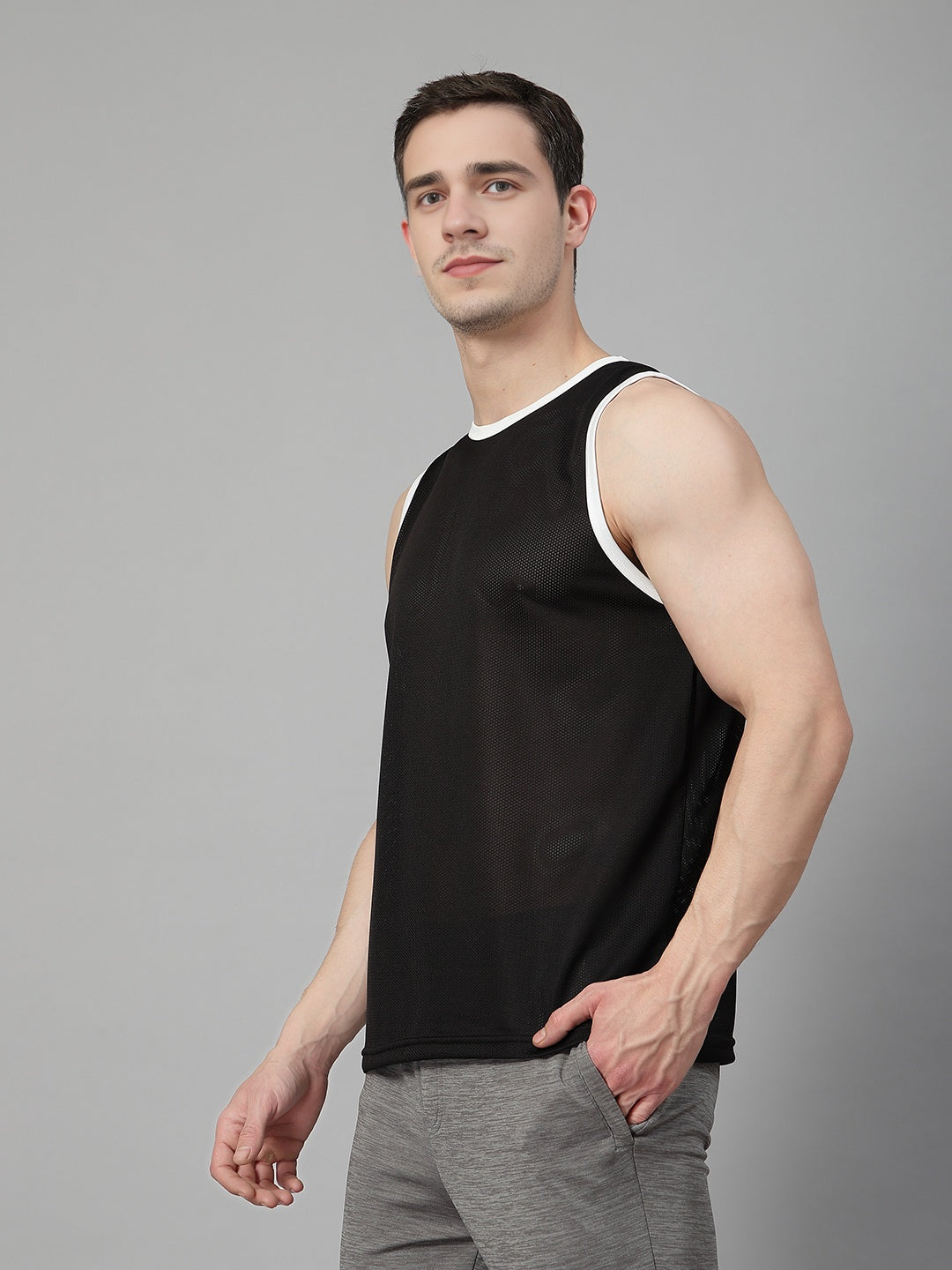 Men Black White Gym Sleeveless Sports Tanktop